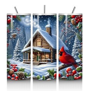 Holiday Log Cabin Tumbler with Red Cardinal Design